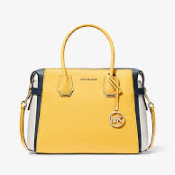 Michael Kors Mercer Medium Color-Block Belted Satchel Navy Yellow NEW - Picture 2 of 9